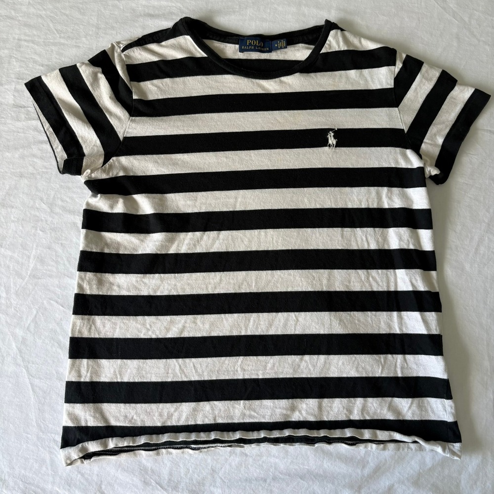 Polo Ralph Lauren Womens Striped T-Shirt Black White Cotton Crewneck Pony Logo M